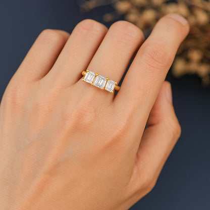 Trio of Sparkling Emerald Cut CZ Ring in 18K Yellow Gold Plated