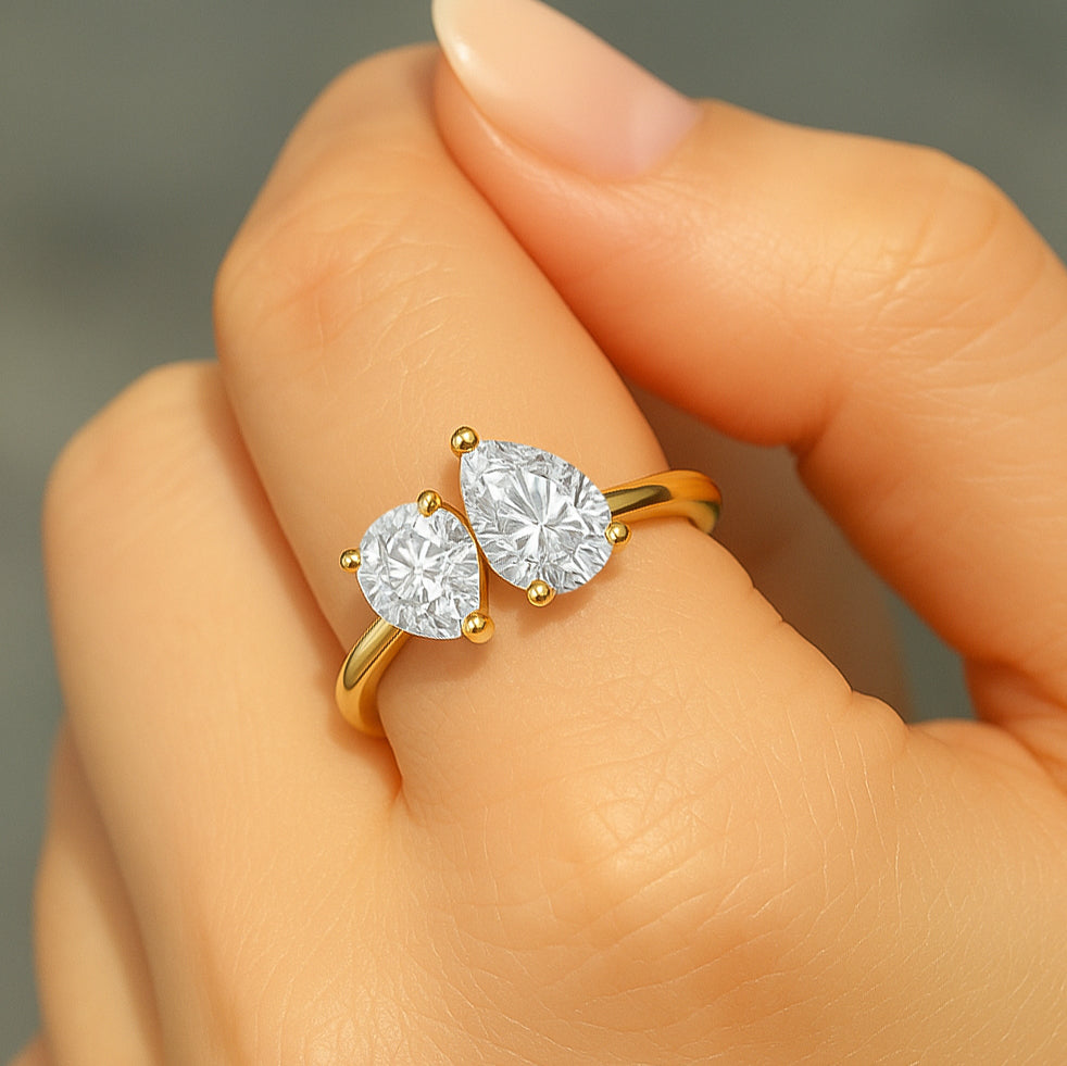 Double Teardrop CZ Ring in 18K Yellow Gold-Plated Setting