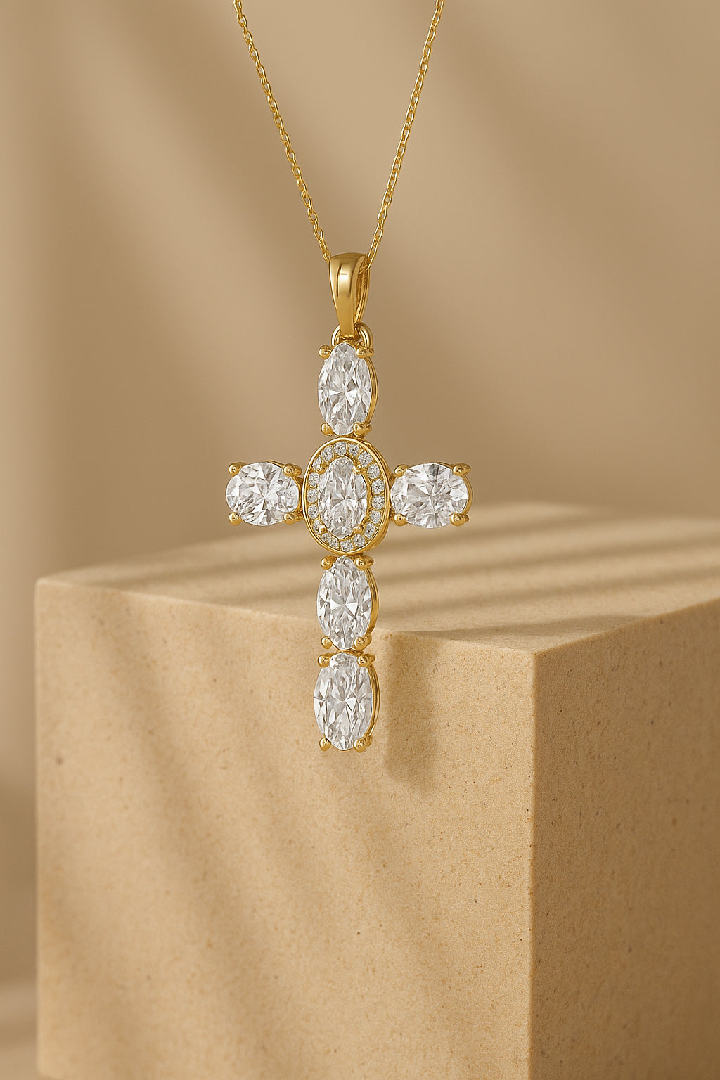 18K Gold-Plated CZ Cross Necklace with Oval Stones