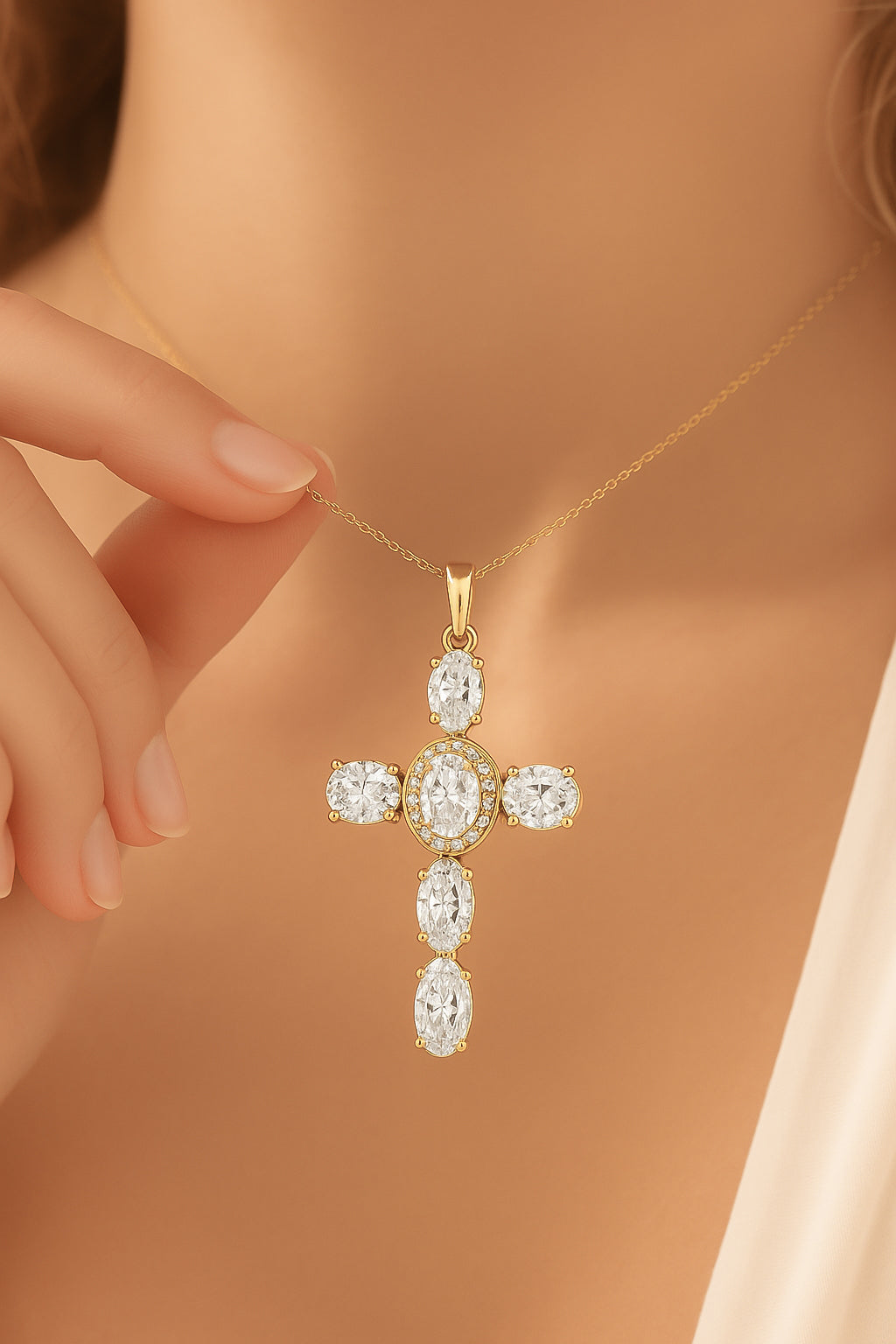 18K Gold-Plated CZ Cross Necklace with Oval Stones