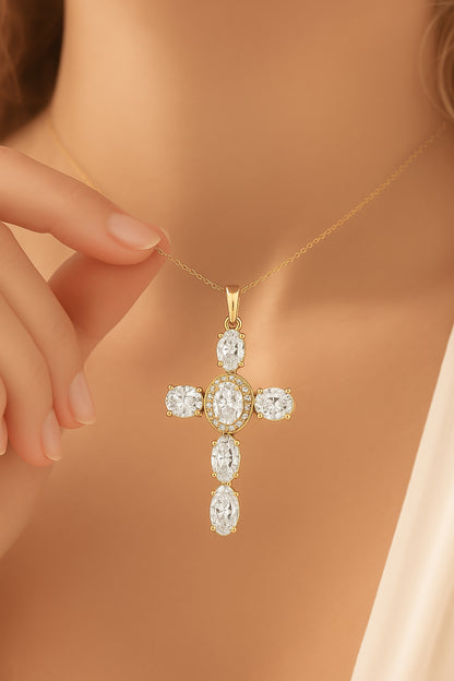 18K Gold-Plated CZ Cross Necklace with Oval Stones