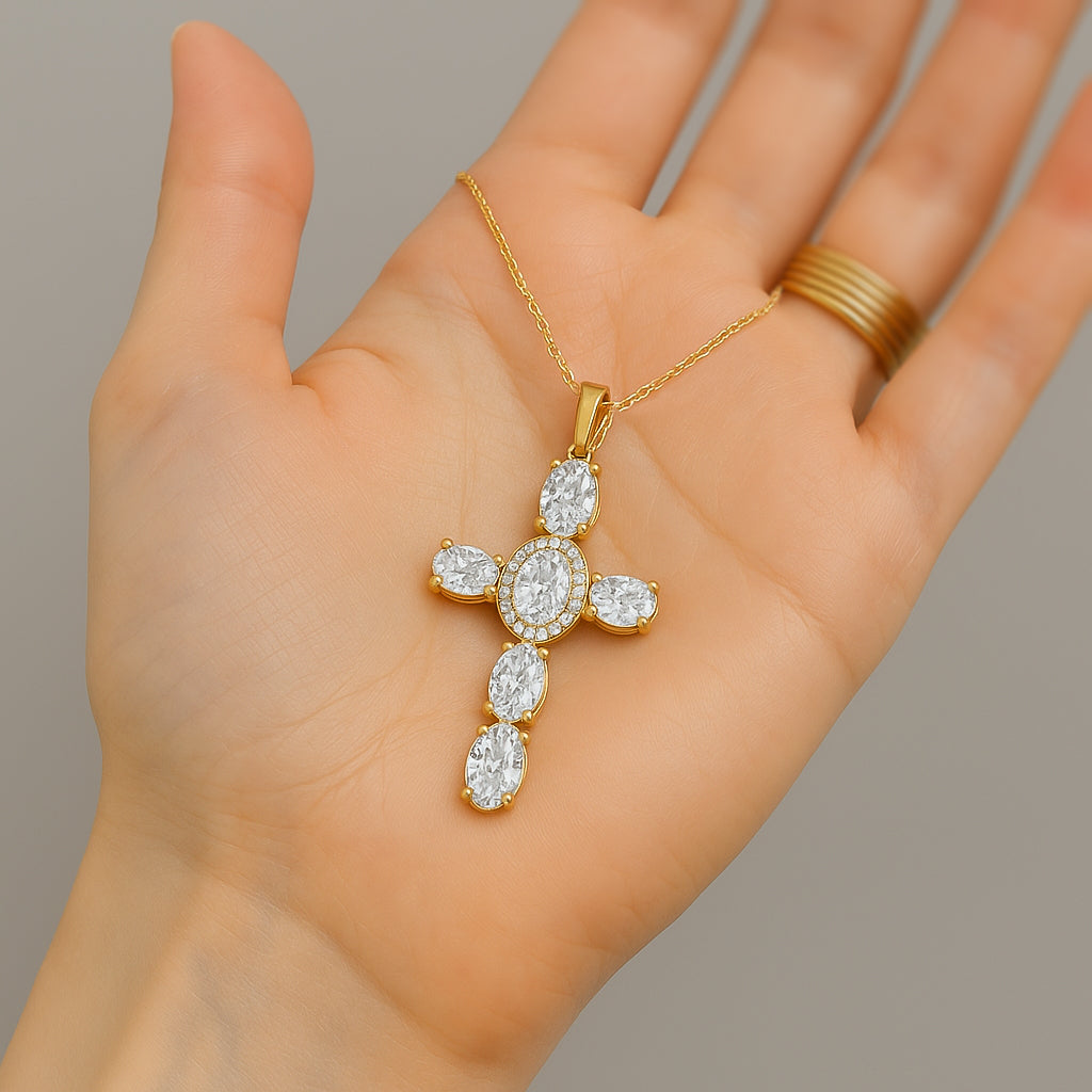 18K Gold-Plated CZ Cross Necklace with Oval Stones