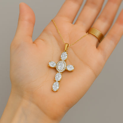 18K Gold-Plated CZ Cross Necklace with Oval Stones