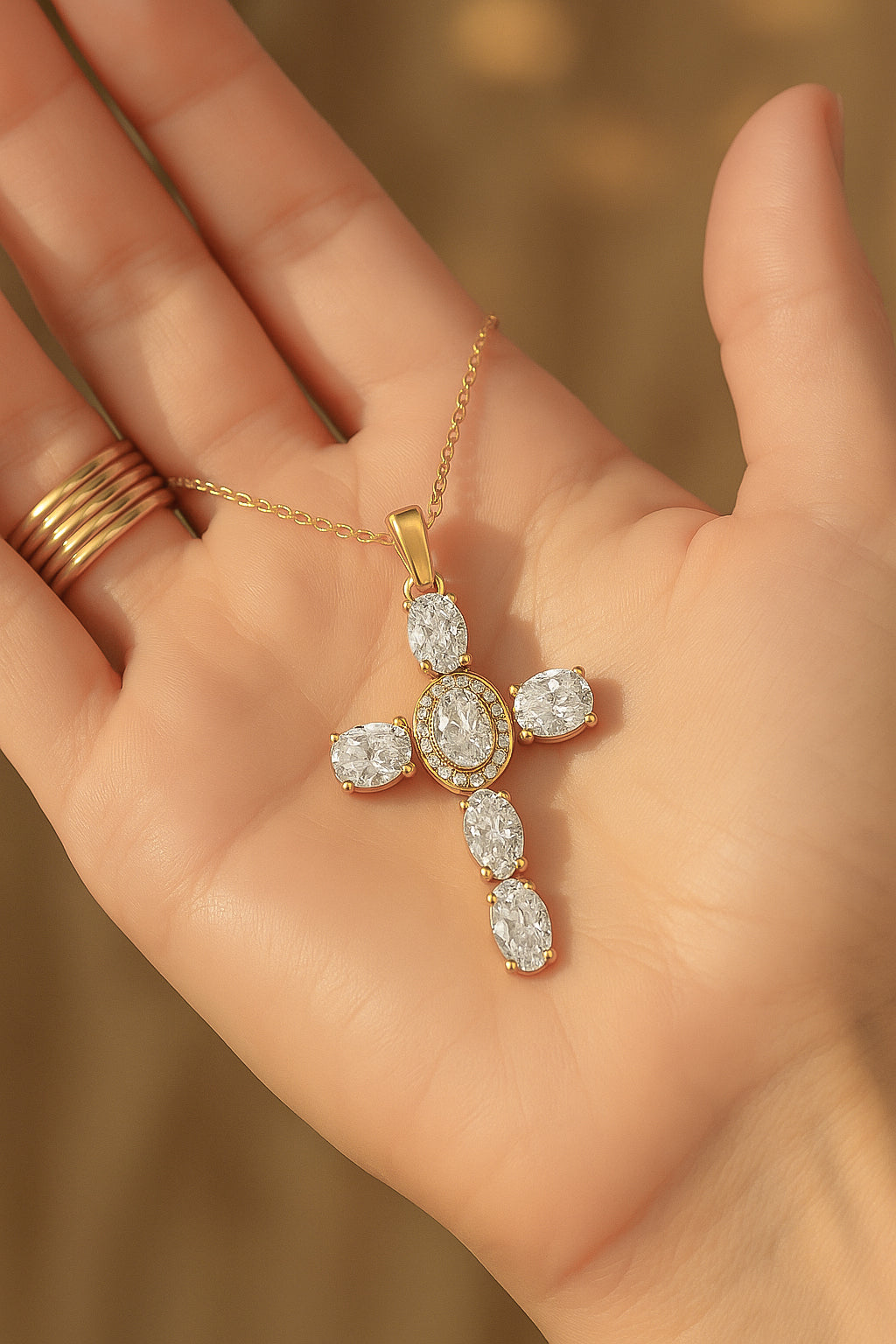 18K Gold-Plated CZ Cross Necklace with Oval Stones