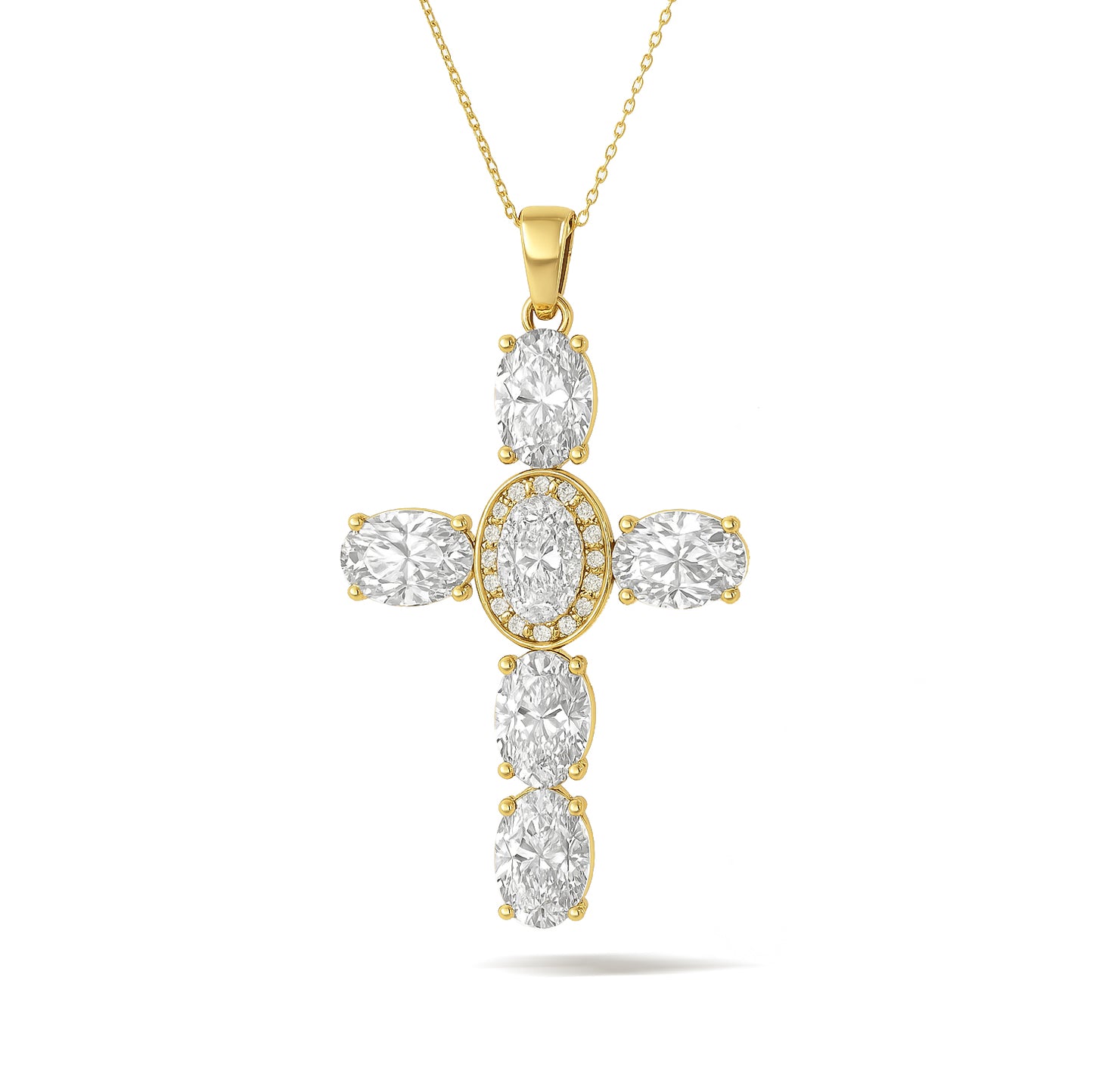 18K Gold-Plated CZ Cross Necklace with Oval Stones