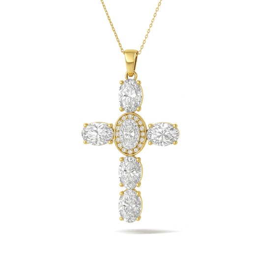 18K Gold-Plated CZ Cross Necklace with Oval Stones