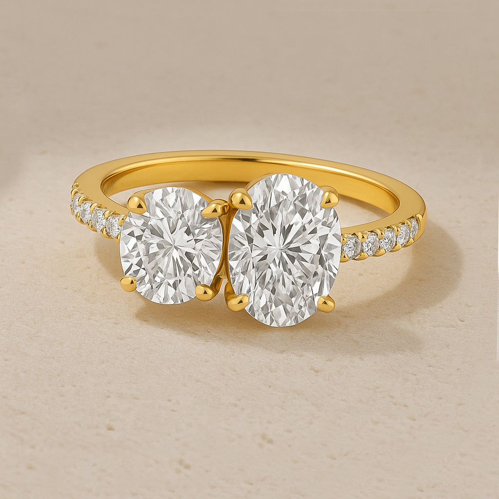 Double Oval CZ Ring with Accent Stones in 18K Yellow Gold Plated