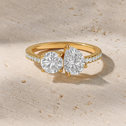 Crossover Round and Pear CZ Ring with Accent Stones in 18K Yellow Gold Plated