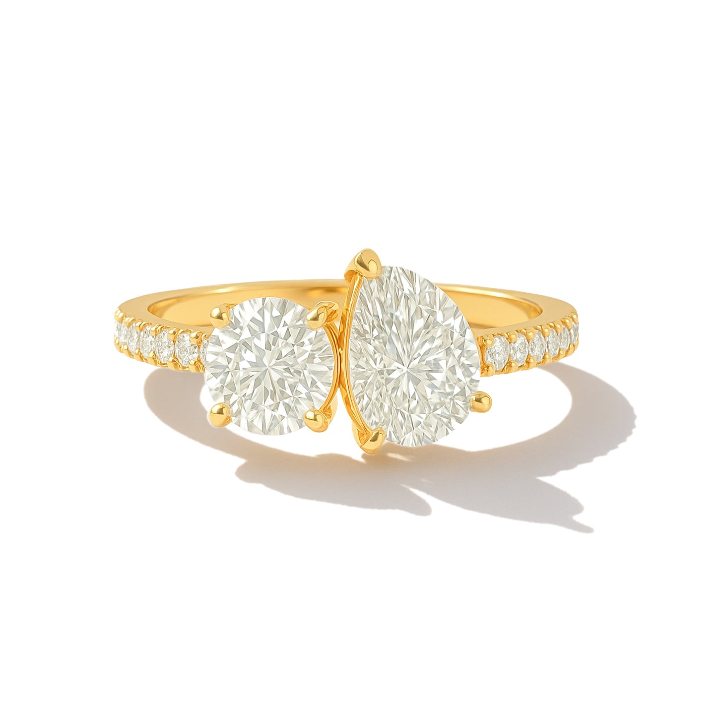Crossover Round and Pear CZ Ring with Accent Stones in 18K Yellow Gold Plated