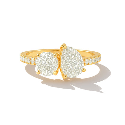 Crossover Round and Pear CZ Ring with Accent Stones in 18K Yellow Gold Plated