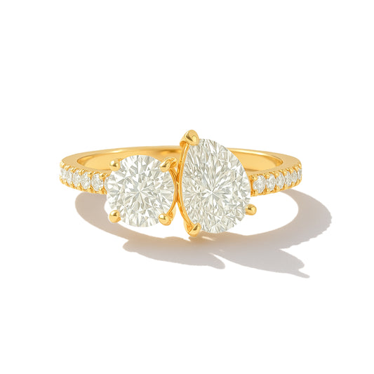 Crossover Round and Pear CZ Ring with Accent Stones in 18K Yellow Gold Plated