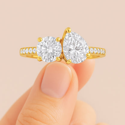 Crossover Round and Pear CZ Ring with Accent Stones in 18K Yellow Gold Plated