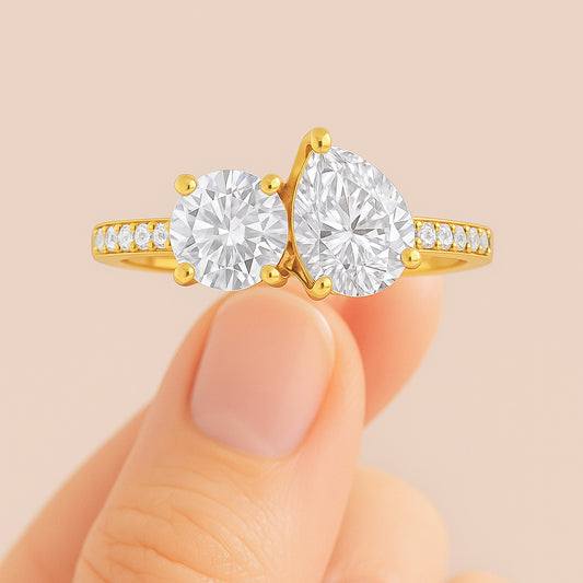 Crossover Round and Pear CZ Ring with Accent Stones in 18K Yellow Gold Plated