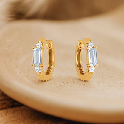 Elegant Gold-Plated CZ Hoop Earrings with Baguette and Round Cut Stones