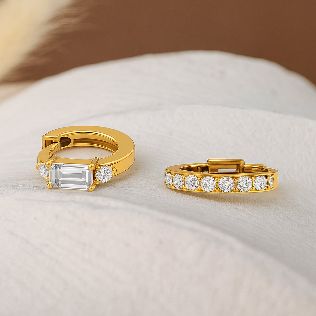Elegant Gold-Plated CZ Hoop Earrings with Baguette and Round Cut Stones