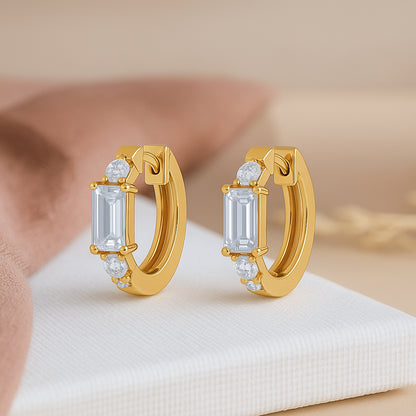 Elegant Gold-Plated CZ Hoop Earrings with Baguette and Round Cut Stones