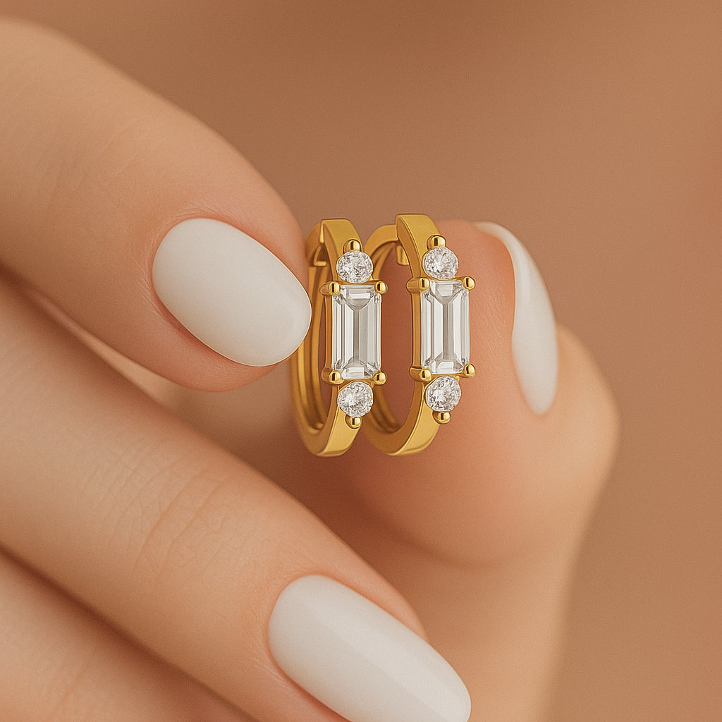 Elegant Gold-Plated CZ Hoop Earrings with Baguette and Round Cut Stones