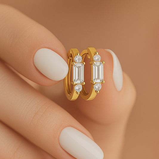 Elegant Gold-Plated CZ Hoop Earrings with Baguette and Round Cut Stones