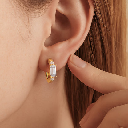 Elegant Gold-Plated CZ Hoop Earrings with Baguette and Round Cut Stones
