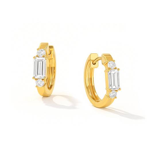 Elegant Gold-Plated CZ Hoop Earrings with Baguette and Round Cut Stones