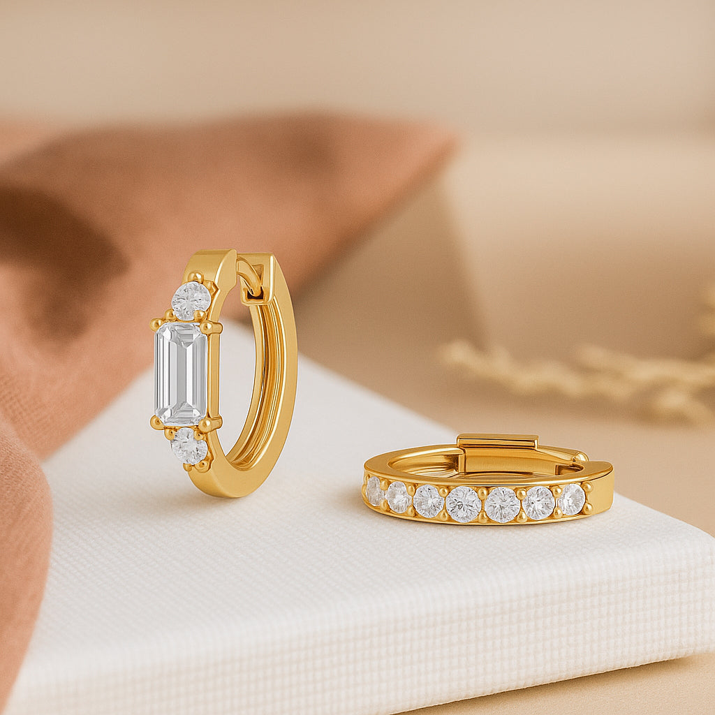 Elegant Gold-Plated CZ Hoop Earrings with Baguette and Round Cut Stones