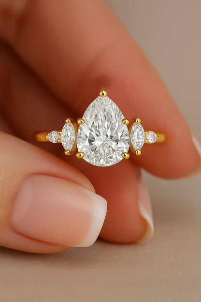 Elegant Gold-Plated CZ Ring with Pear and Marquise Cut Stones