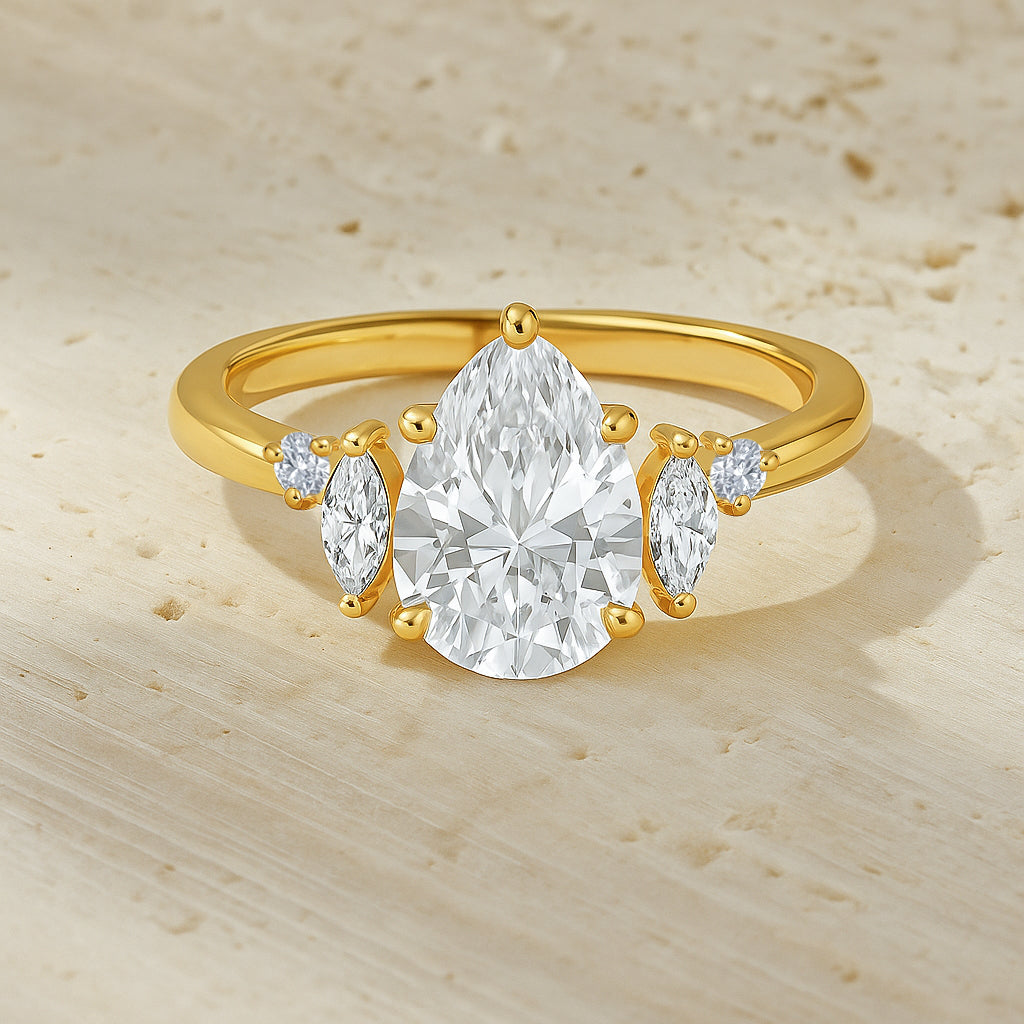 Elegant Gold-Plated CZ Ring with Pear and Marquise Cut Stones