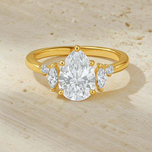 Elegant Gold-Plated CZ Ring with Pear and Marquise Cut Stones