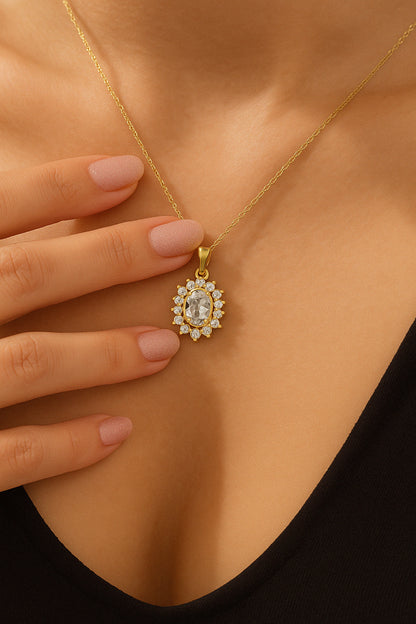 Radiant Oval CZ Halo Pendant Necklace with 18K Yellow Gold Plating