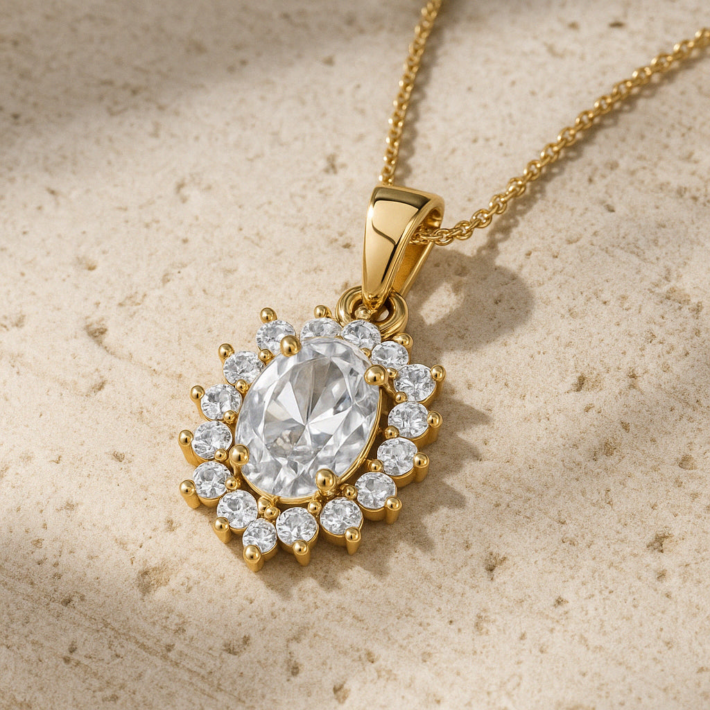 Radiant Oval CZ Halo Pendant Necklace with 18K Yellow Gold Plating