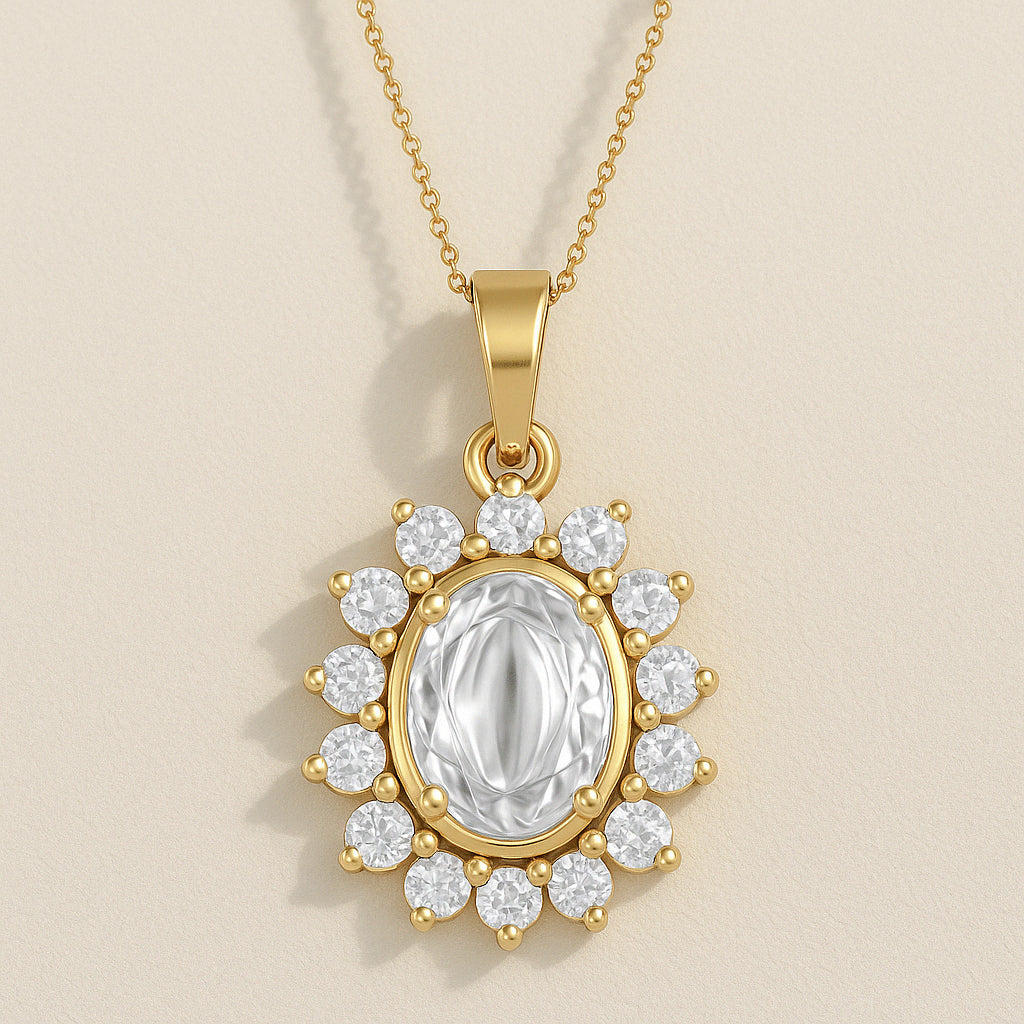 Radiant Oval CZ Halo Pendant Necklace with 18K Yellow Gold Plating
