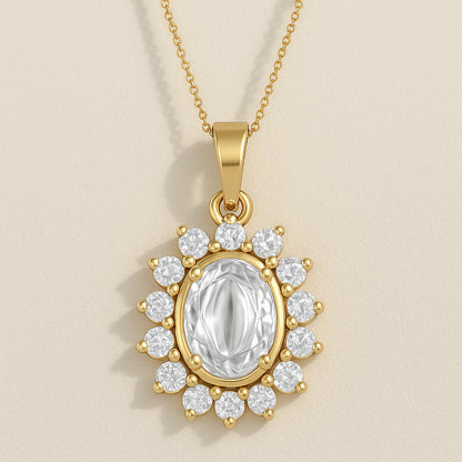 Radiant Oval CZ Halo Pendant Necklace with 18K Yellow Gold Plating