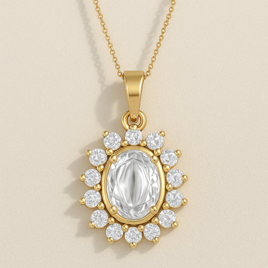Radiant Oval CZ Halo Pendant Necklace with 18K Yellow Gold Plating