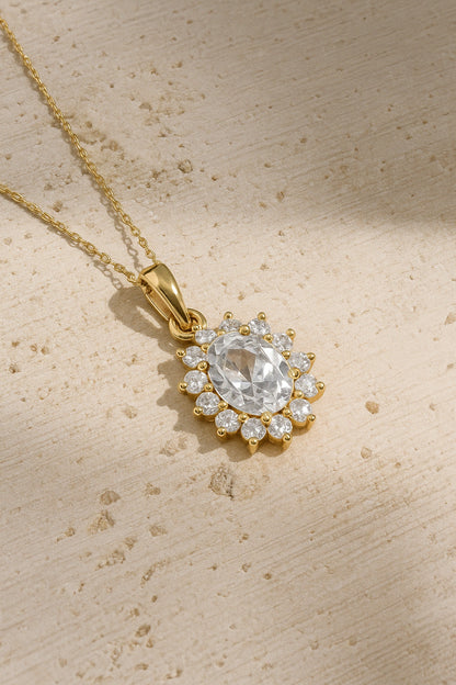 Radiant Oval CZ Halo Pendant Necklace with 18K Yellow Gold Plating