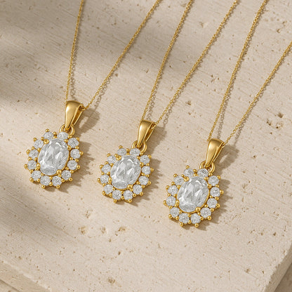 Radiant Oval CZ Halo Pendant Necklace with 18K Yellow Gold Plating