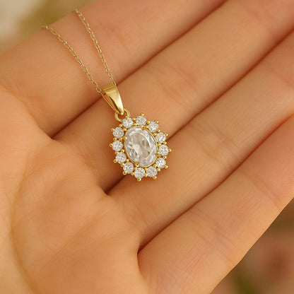 Radiant Oval CZ Halo Pendant Necklace with 18K Yellow Gold Plating