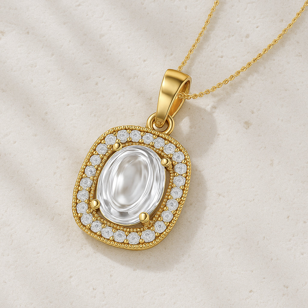 Oval Halo CZ Pendant Necklace in 18K Yellow Gold Plating