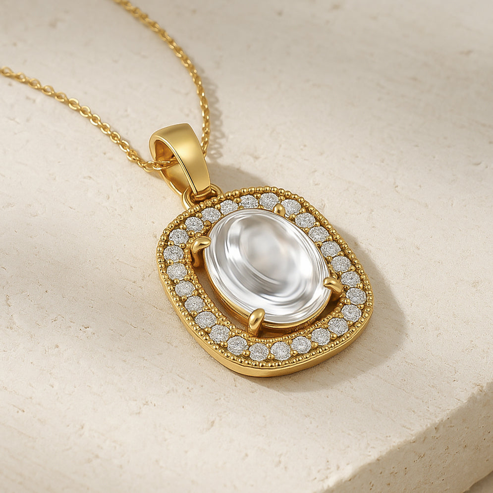 Oval Halo CZ Pendant Necklace in 18K Yellow Gold Plating