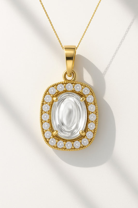 Oval Halo CZ Pendant Necklace in 18K Yellow Gold Plating