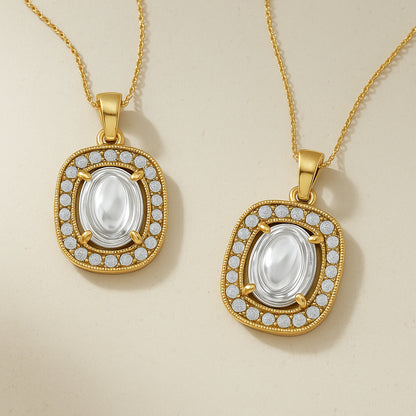 Oval Halo CZ Pendant Necklace in 18K Yellow Gold Plating